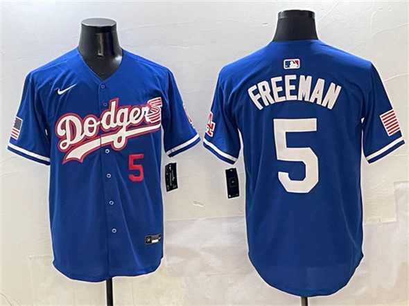 Mens Los Angeles Dodgers #5 Freddie Freeman Royal With American Flag Patch Limited Stitched Jersey